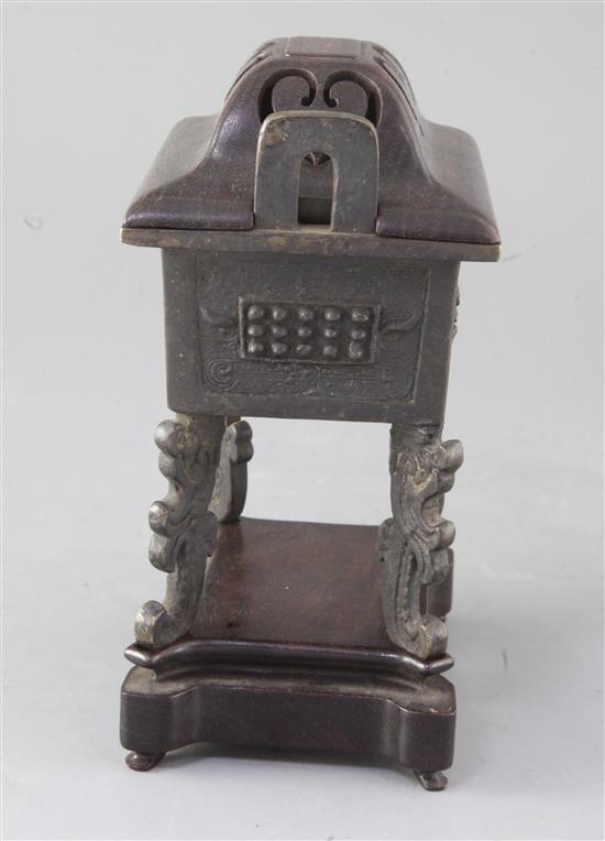 A Chinese bronze censer, fang ding, late Ming dynasty, total height 20cm